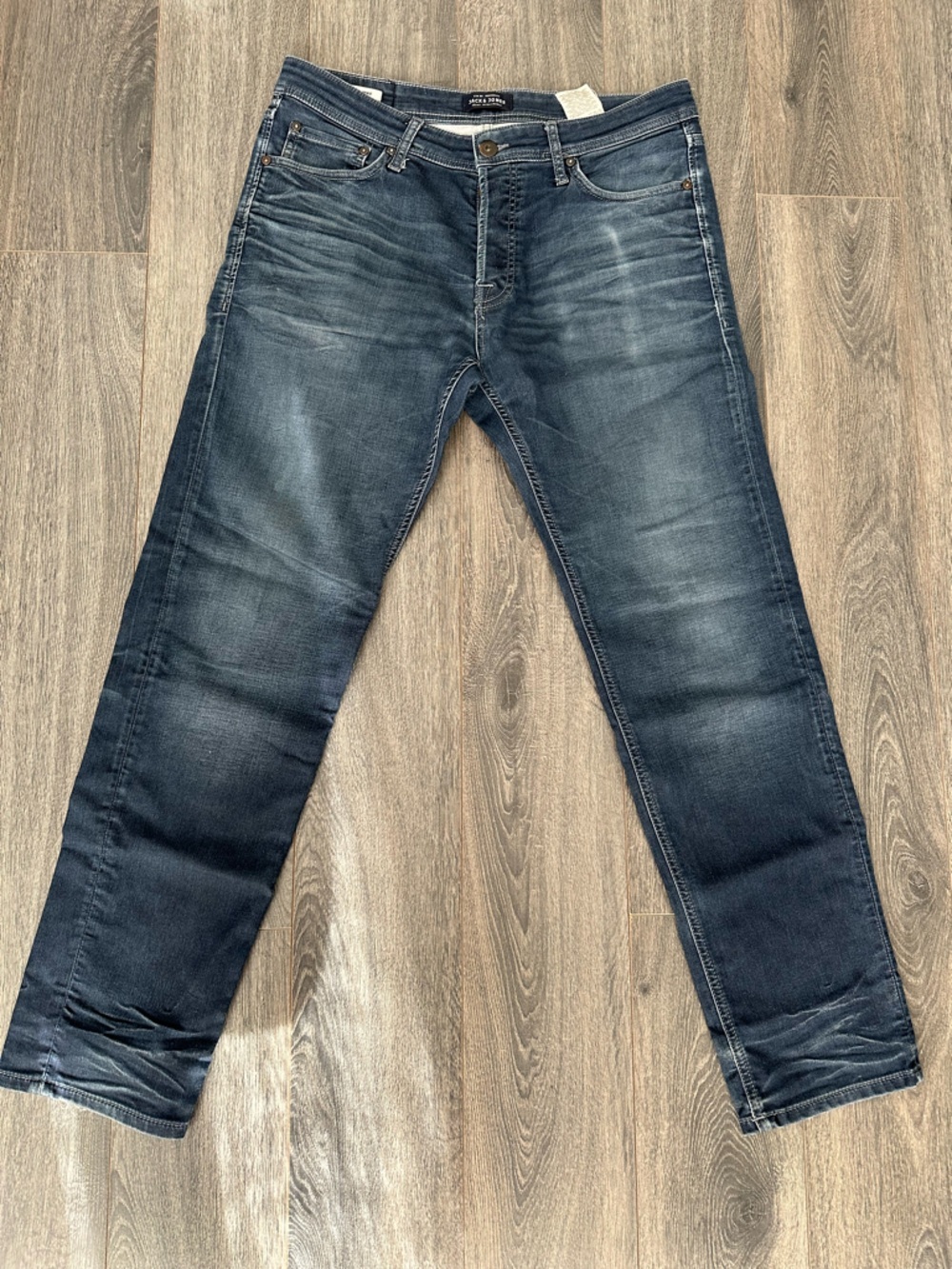 Jack & Jones Men's Dark Wash Straight Leg Jeans | Whiskered Faded Denim Casual